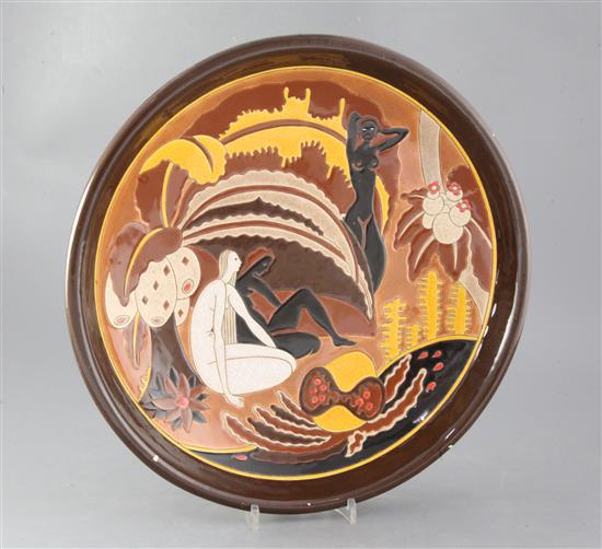A Longwy Pottery Les Bagneuses wall charger, diameter 38cm, slight faults
